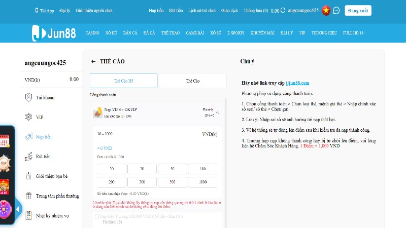 Sử dụng thẻ cào điện thoại nạp tiền Jun88 cho tân binh